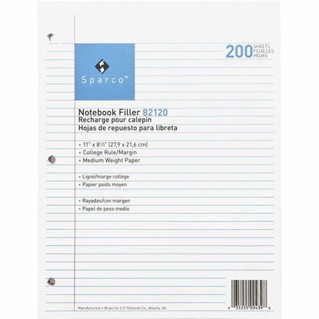 Sparco Notebook Filler Paper - Letter - 200 Sheets - Ruled Red Margin - 16 lb Basis Weight - Letter - 8 1/2" x 11" - White Paper