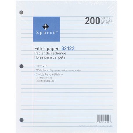 Sparco 3-hole Punched Filler Paper - 200 Sheets - Wide Ruled - Ruled Red Margin - 16 lb Basis Weight - 8" x 10 1/2" - White Pape