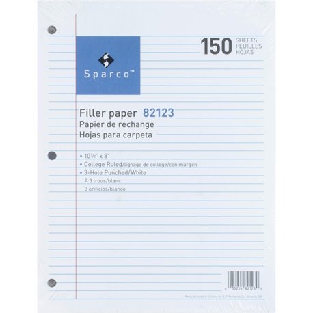 Sparco 3-hole Punched Filler Paper - 150 Sheets - College Ruled - Ruled Red Margin - 16 lb Basis Weight - 8" x 10 1/2" - White P