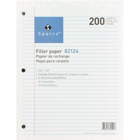 Sparco 3-hole Punched Filler Paper - 200 Sheets - College Ruled - Ruled Red Margin - 16 lb Basis Weight - 8" x 10 1/2" - White P