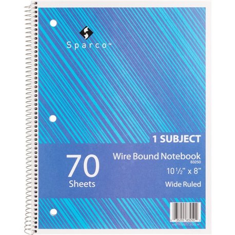 Sparco Quality 3HP Notebook - 1 Subject(s) - 70 Sheets - Wire Bound - Wide Ruled - Unruled Margin - 16 lb Basis Weight - 8" x 10