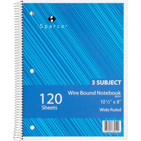 Sparco Quality 3HP Notebook - 3 Subject(s) - 120 Sheets - Wire Bound - Wide Ruled - Unruled Margin - 16 lb Basis Weight - 8" x 1