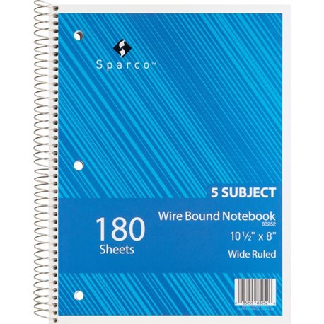 Sparco Quality 3HP Notebook - 5 Subject(s) - 180 Sheets - Wire Bound - Wide Ruled - Unruled Margin - 16 lb Basis Weight - 8" x 1