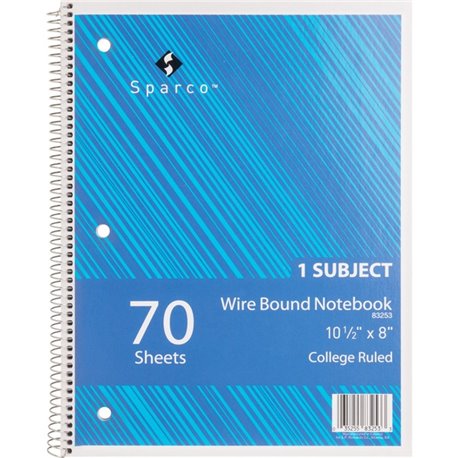 Sparco Wirebound Notebook - 70 Sheets - Wire Bound - College Ruled - Unruled Margin - 16 lb Basis Weight - 8" x 10 1/2" - Assort