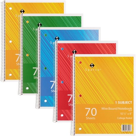 Sparco Wirebound Notebooks - 70 Sheets - Wire Bound - College Ruled - Unruled Margin - 16 lb Basis Weight - 8" x 10 1/2" - Assor