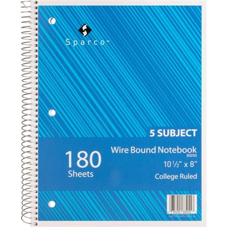 Sparco Wirebound College Ruled Notebooks - 180 Sheets - Wire Bound - College Ruled - Unruled Margin - 8" x 10 1/2" - Assorted Pa