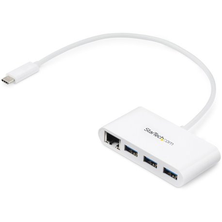 StarTech.com 3 Port USB C Hub with Gigabit Ethernet - USB-C to 3x USB-A - USB 3.0 - White - USB Hub with GbE - USB-C to USB Adap