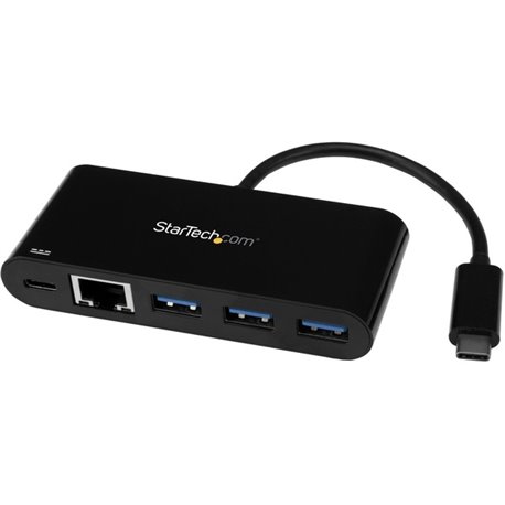 StarTech.com 3 Port USB-C Hub with Gigabit Ethernet & 60W Power Delivery Passthrough - USB-C to 3xUSB-A - 5Gbps USB 3.0 Type-C A