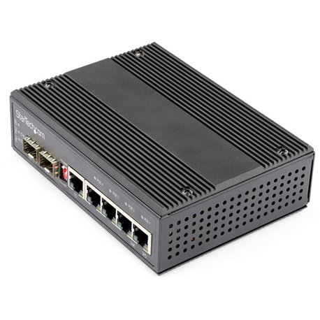 StarTech.com Industrial 6 Port Gigabit Ethernet Switch w/4 PoE RJ45 +2 SFP Slots 30W 802.3at PoE+ 12-48VDC 10/100/1000 Mbps -40C