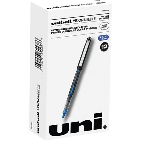 uniball Vision Needle Rollerball Pens - Micro Pen Point - 0.5 mm Pen Point Size - Blue Liquid Ink - 1 Dozen