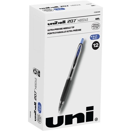 uniball 207 Needle Gel Pens - Medium Pen Point - 0.7 mm Pen Point Size - Needle Pen Point Style - Retractable - Blue - Blue Barr