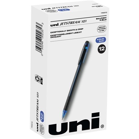 uni Jetstream 101 Ballpoint Pen - Medium Pen Point - 1 mm Pen Point Size - Blue Gel-based Ink - Black, Blue Barrel - 1 Dozen