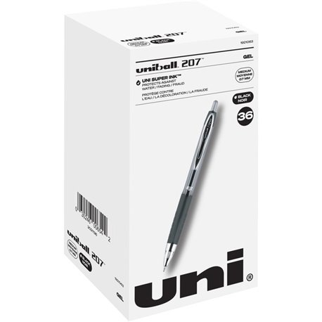 uniball 207 Gel Pen - Medium Pen Point - 0.7 mm Pen Point Size - Refillable - Retractable - Black Pigment-based Ink - 36 / Pack