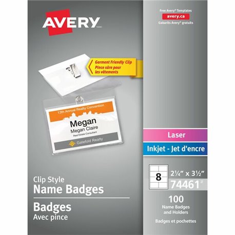 Avery Garment Friendly Clip Style Name Badge Kitfor Laser and Inkjet Printers - 3 1/2" x 2 1/4" - 100 / Box - Durable, Reusable,