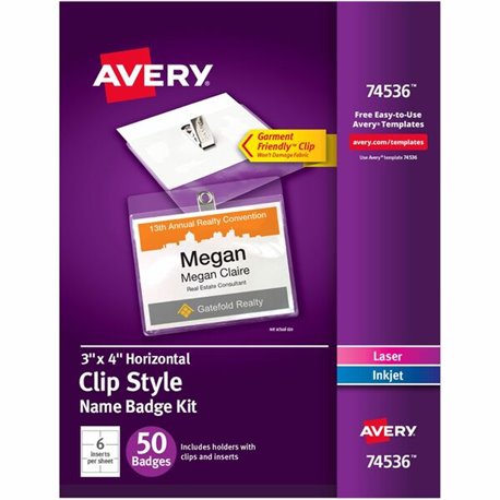 Avery Top-Loading Clip-Style Name Badges - 3" x 4" - 50 / Pack - Flexible, Reusable, Durable - White