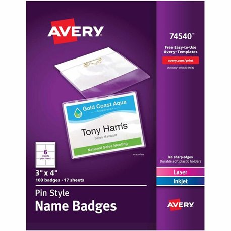 Avery Pin-Style Name Badges - 100 / Box - Clear, White