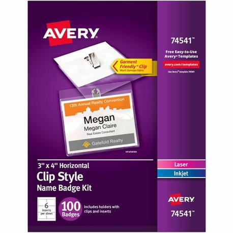 Avery Clip-Style Name Badges - 4" x 3" - 100 / Box - Clip - White, Clear