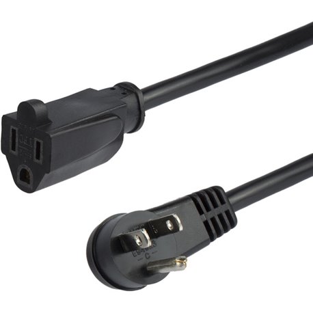 StarTech.com 3ft (1m) Power Extension Cord, Right Angle NEMA 5-15P to NEMA 5-15R, 13A 125V, 16AWG, Black, Flat Outlet Extension 