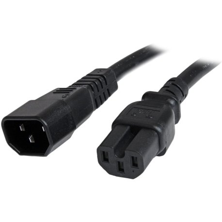 StarTech.com 3ft (1m) Heavy Duty Extension Cord, IEC C14 to IEC C15 Black Extension Cord, 15A 250V, 14AWG, Heavy Gauge Power Cab