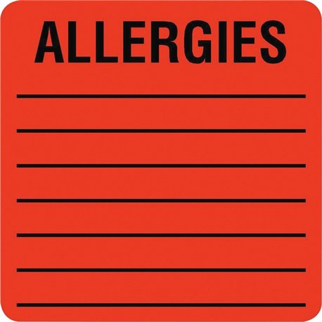 Tabbies Square ALLERGIES Labels - 2" Width x 2" Length - Permanent Adhesive - Square - Fluorescent Red - 500 / Roll - 500 / Roll