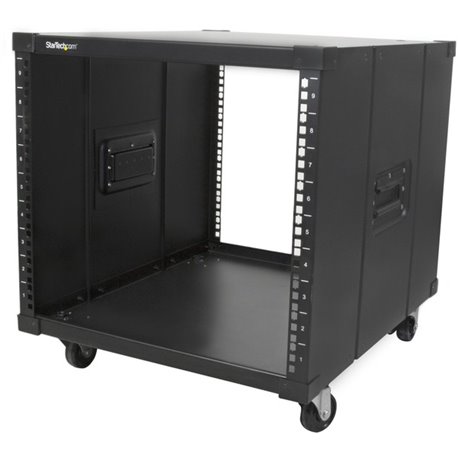 StarTech.com 4-Post 9U Mobile Open Frame Server Rack, 19" Network Rolling Rack for Narrow Spaces, Small Data Rack with Casters, 