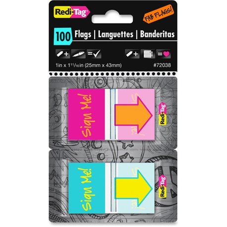 Redi-Tag Self-adhesive Fab Flags - 1" x 1 11/16" - Rectangle - "Sign Me!" - Magenta, Orange, Yellow, Teal - Self-adhesive, Repos