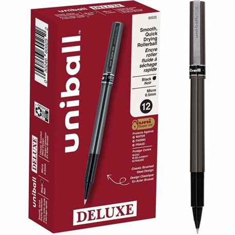 uniball Deluxe Rollerball Pens - Micro Pen Point - 0.5 mm Pen Point Size - Black - Gray Barrel - 1 / Each