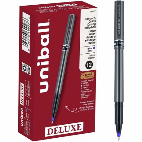 uniball Deluxe Rollerball Pens - Micro Pen Point - 0.5 mm Pen Point Size - Blue - Gray Barrel - 1 Dozen