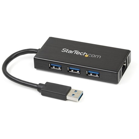 StarTech.com 3 Port Portable USB 3.0 Hub with Gigabit Ethernet Adapter NIC - 5Gbps - Aluminum w/ Cable - Add 3 external USB 3.0 