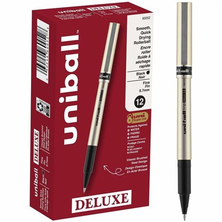 uniball Deluxe Rollerball Pens - Fine Pen Point - 0.7 mm Pen Point Size - Black - Champagne Barrel - 1 Dozen