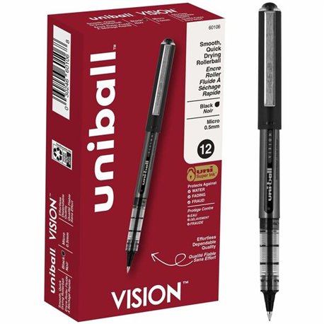 uniball Vision Rollerball Pens - Micro Pen Point - 0.5 mm Pen Point Size - Black Pigment-based Ink - 1 Dozen