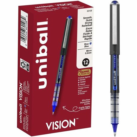 uniball Vision Rollerball Pens - Micro Pen Point - 0.5 mm Pen Point Size - Blue - 1 Dozen