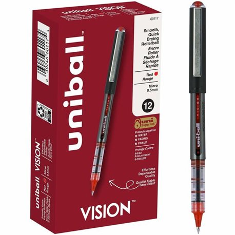 uniball Vision Rollerball Pens - Micro Pen Point - 0.5 mm Pen Point Size - Red - 1 Dozen