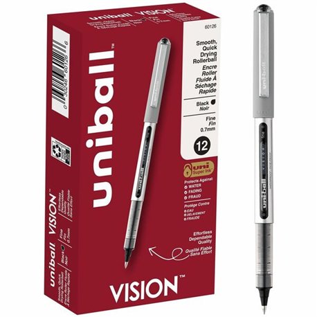 uniball Vision Rollerball Pens - Fine Pen Point - 0.7 mm Pen Point Size - Black Pigment-based Ink - 1 Dozen