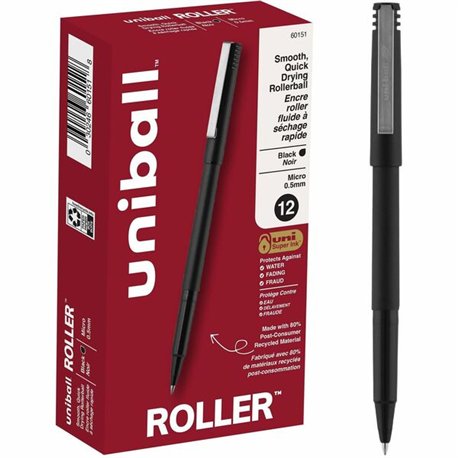 uniball Roller Rollerball Pen - Micro Pen Point - 0.5 mm Pen Point Size - Black Water Based Ink - Black Stainless Steel Barrel -