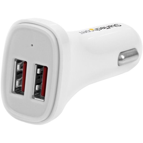 StarTech.com Dual Port USB Car Charger - White - High Power 24W/4.8A - 2 port USB Car Charger - Charge two tablets at once - Cha