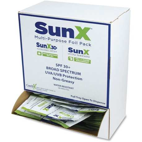 SunX CoreTex SPF30 Sunscreen Towelettes with Dispenser - Lotion - Non-greasy, Water Resistant, Sweat Proof, Oil-free, PABA-free 