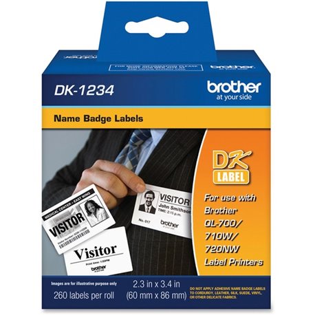 Brother DK1234 - Adhesive Name Badge Labels - 2.36" Width x 3.39" Length - Rectangle - Direct Thermal - White - Paper - 260 / Ro