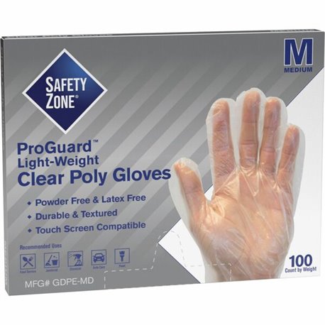 Safety Zone Clear Powder Free Polyethylene Gloves - Medium Size - Clear - Die Cut, Heat Sealed Edge, Embossed Grip, Latex-free, 