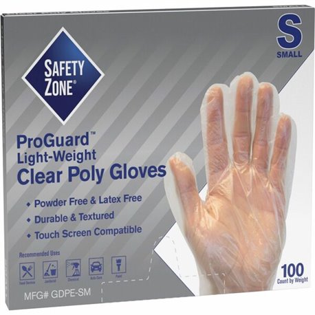 Safety Zone Clear Powder Free Polyethylene Gloves - Small Size - Clear - Die Cut, Heat Sealed Edge, Embossed Grip, Latex-free, S