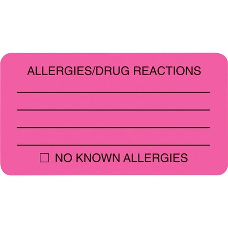 Tabbies ALLERY/DRUG REACTIONS Alert Labels - 3 1/4" Width x 1 3/4" Length - Pink - 250 / Roll