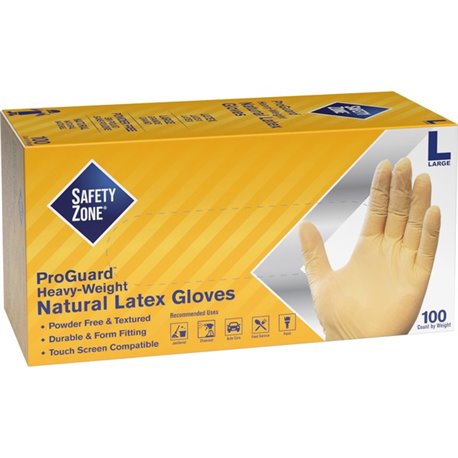 Safety Zone Powder Free Natural Latex Gloves - Polymer Coating - Large Size - Natural - Allergen-free, Silicone-free - 9.65" Glo