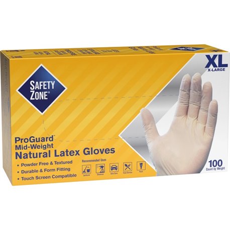 Safety Zone Powder Free Natural Latex Gloves - Polymer Coating - X-Large Size - Natural - Allergen-free, Silicone-free - 9.65" G