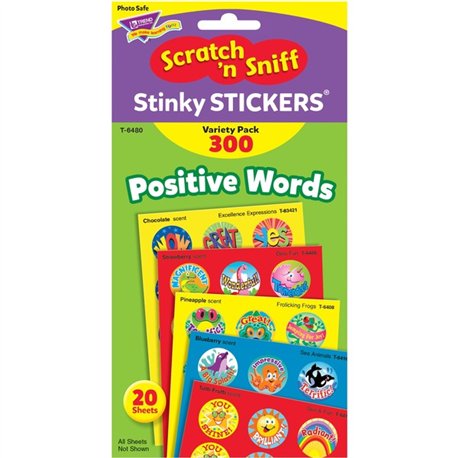 Trend Positive Words Stinky Stickers Variety Pack - Round Shape - Self-adhesive - Acid-free, Non-toxic, Photo-safe, Scented - As