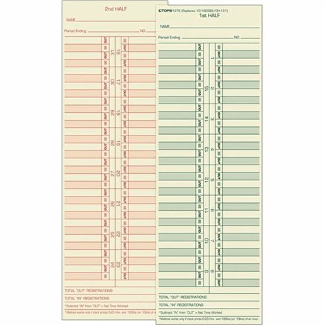 TOPS Semi-Monthly Time Cards - Double Sided Sheet - 3.50" x 10.50" Sheet Size - Yellow - Manila Sheet(s) - Green, Red Print Colo