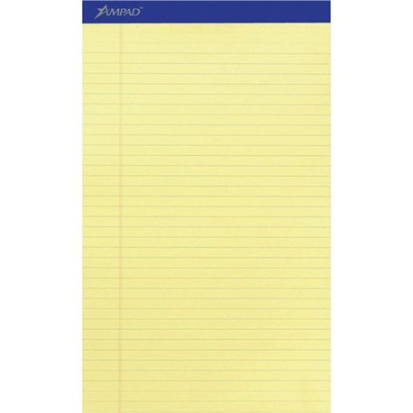 Ampad Writing Pad - 50 Sheets - Stapled - 0.34" Ruled - 15 lb Basis Weight - Legal - 8 1/2" x 14" - Canary Yellow Paper - Dark B