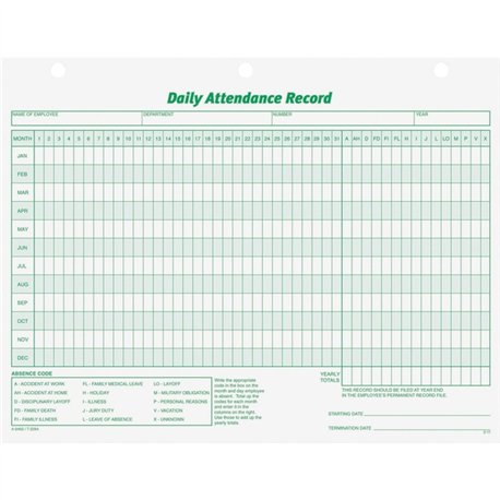 TOPS Daily Employee Attendance Record Form - 50 Sheet(s) - 11" x 8.50" Sheet Size - 3 x Holes - White - White Sheet(s) - Green P