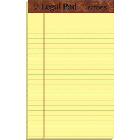 TOPS The Legal Pad Writing Pad - 50 Sheets - Double Stitched - 0.28" Ruled - 16 lb Basis Weight - Jr.Legal - 5" x 8" - Canary Pa