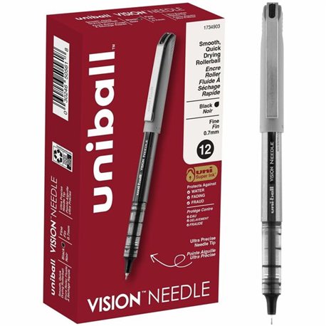 uniball Vision Needle Rollerball Pens - Fine Pen Point - 0.7 mm Pen Point Size - Black Liquid Ink - Silver Barrel - 1 Dozen