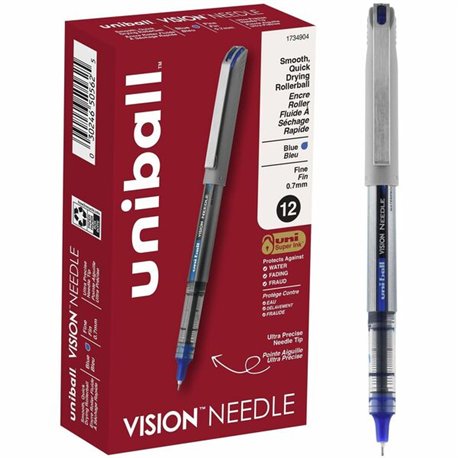uniball Vision Needle Rollerball Pens - Fine Pen Point - 0.7 mm Pen Point Size - Blue Liquid Ink - 1 Dozen